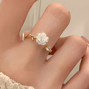 Cute Small Off White Mini Rose Open Front Gold Tone Ring